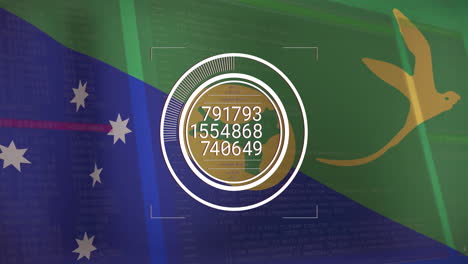 concentric rings displaying segmented progress bars and numeric data over 3d flag code backdrop