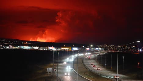 red horizon after volcano eruption in iceland