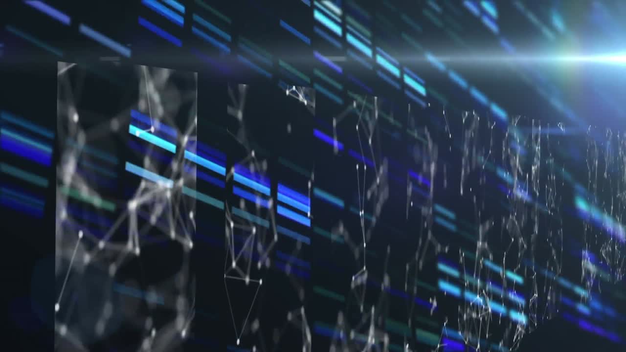 검은색 배경에 연결 네트워크와 움직이는 기둥의 애니메이션