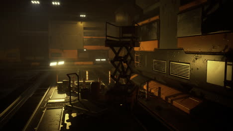 exploring a dimly lit laboratory with complex equipment and workstations