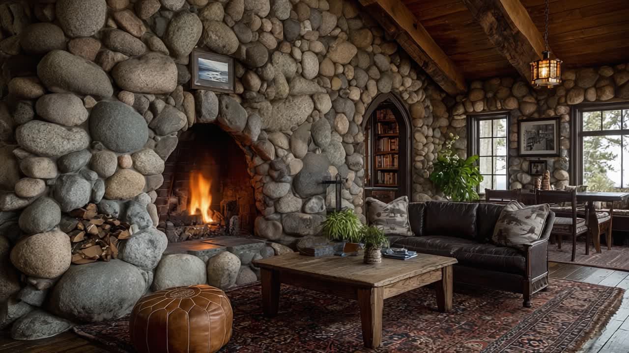 A Cozy Rustic Living Room with Natural Stone Walls and a Warm Fireplace, Inviting Relaxation and Comfort Amidst Nature's Ambience
