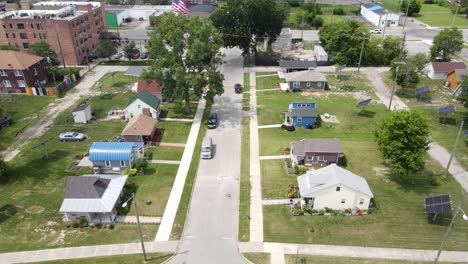 aerial sideways drone shot from cass community tiny homes project for people in need, recently released prisoners and homeless people