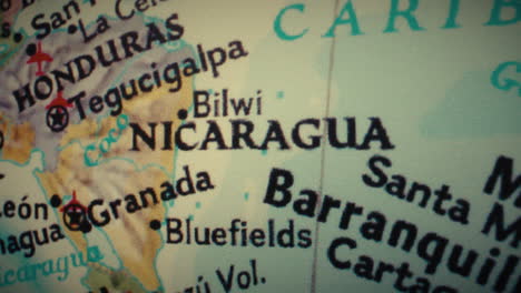 close-up of a map showing nicaragua and surrounding central american countries