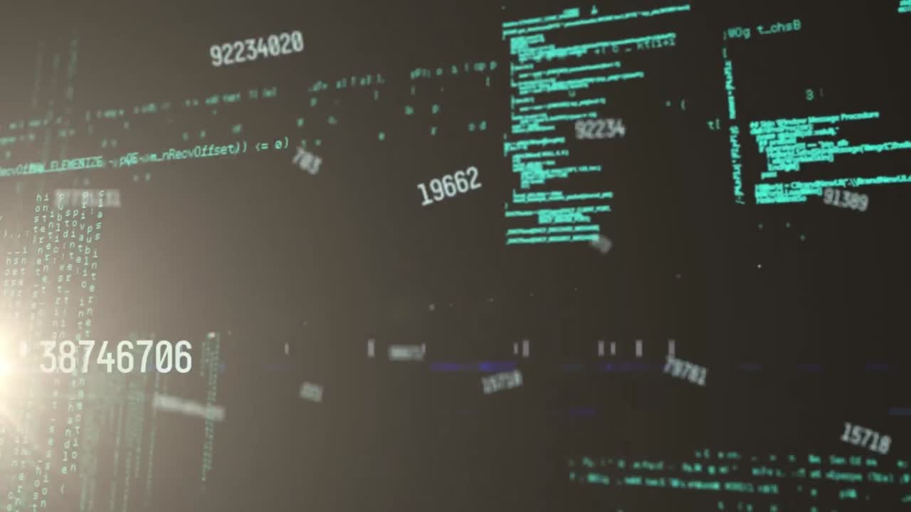 Animation of numbers and data processing over dark background