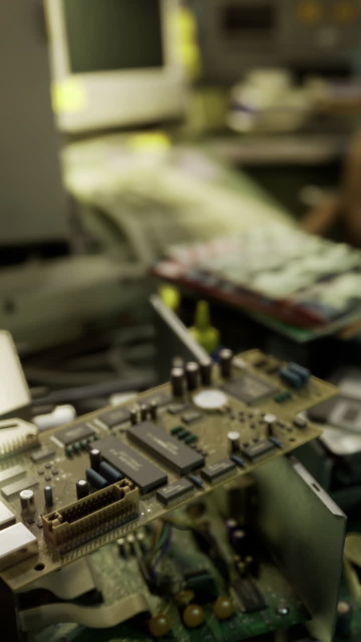 Nahaufnahme einer elektronischen Baugruppe auf einem Förderband zur Qualitätsprüfung