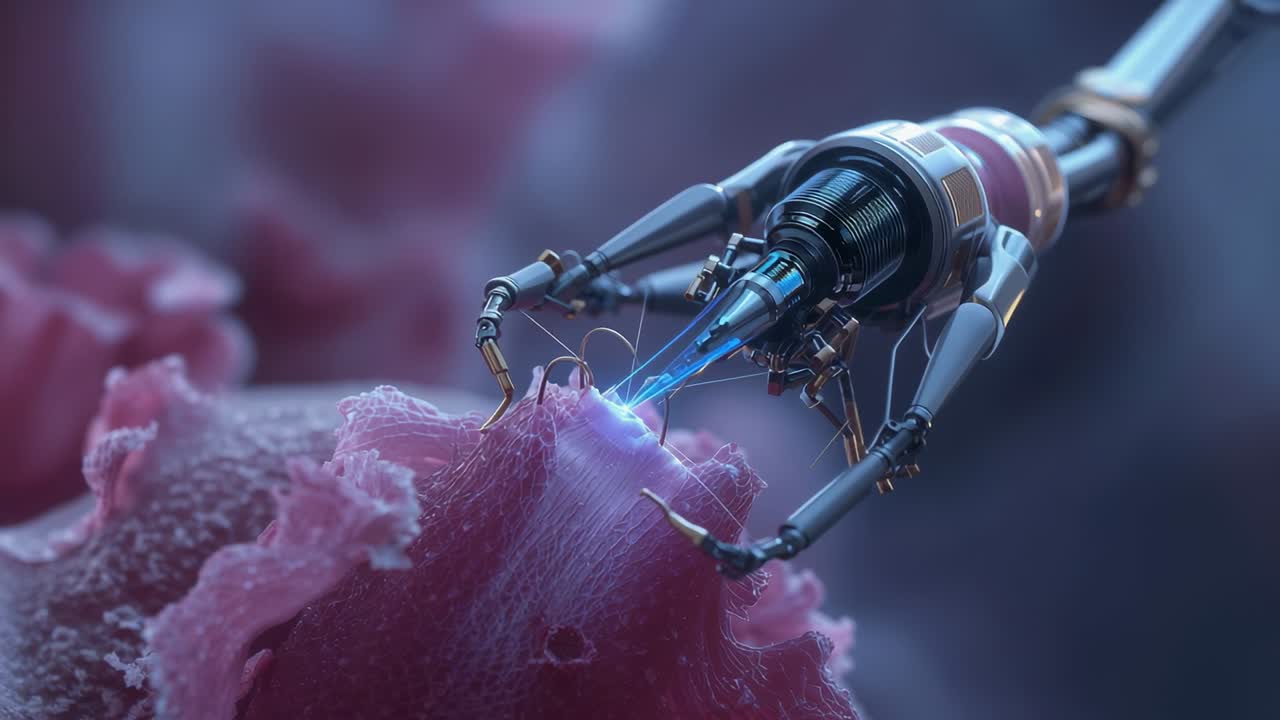 Emitter activating arm advancing in lab grasping nodule emitting beam reshaping fibers with forceps