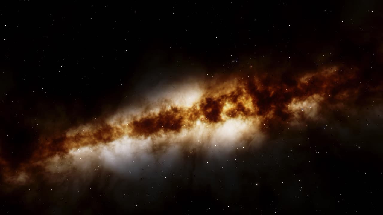 Riprese aeree di una galassia e spazio nuvoloso nero-arancio pieno di stelle bianche e gas con grandi soli o stelle arancioni che attraversano lo spazio interstellare.