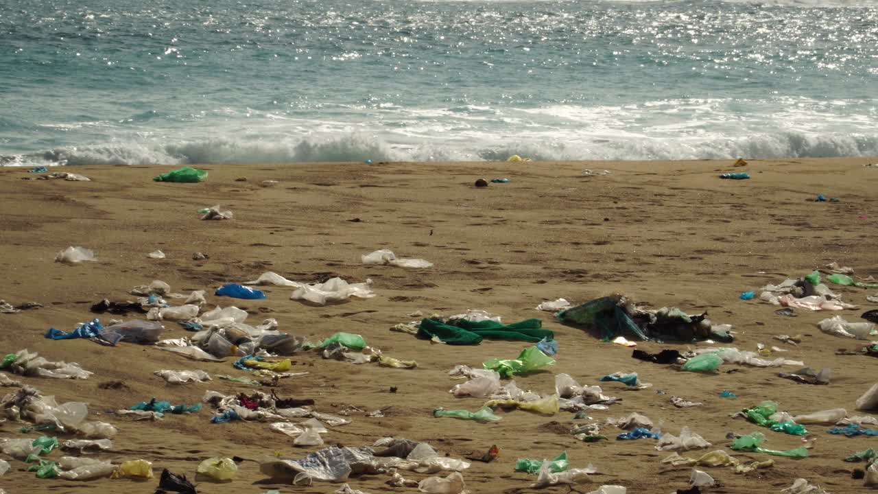 toma estática, orilla de la playa contaminada con basura plástica del océano