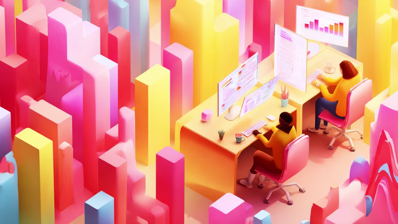A vibrant and dynamic workspace illustration featuring two individuals engaged in collaborative data analysis, surrounded by colorful abstract shapes symbolizing growth and creativity