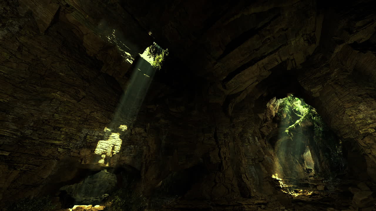 Light beams illuminating a mysterious cave with lush greenery