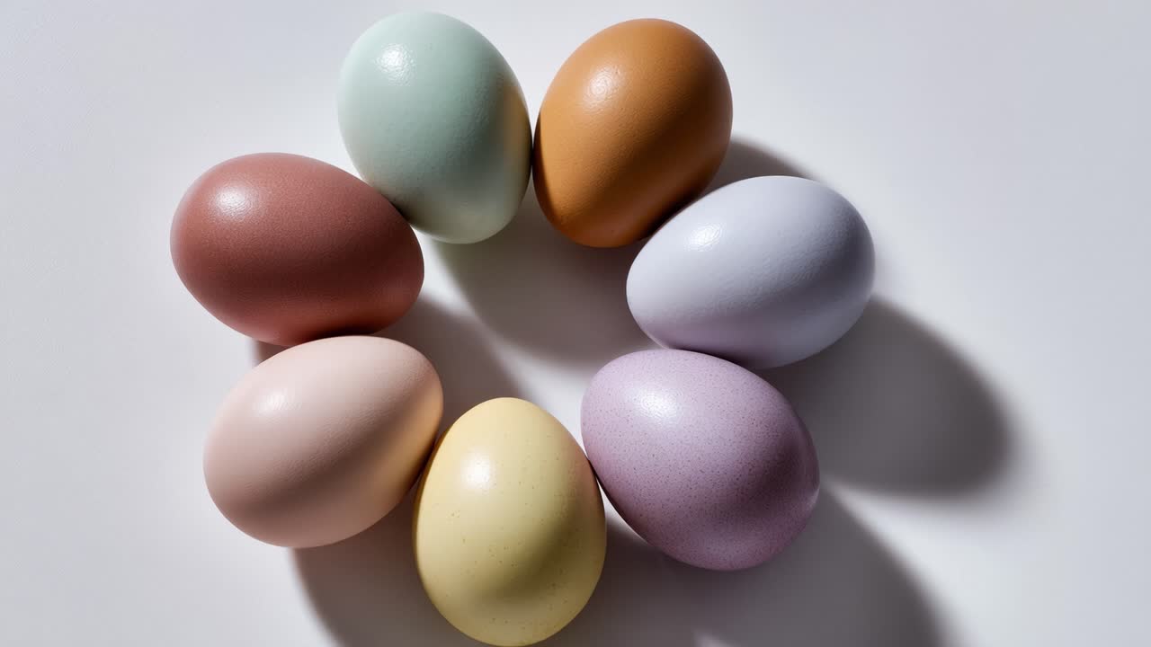 A colorful arrangement of decorative eggs in various pastel shades, highlighting their smooth surfaces and natural beauty against a clean white background