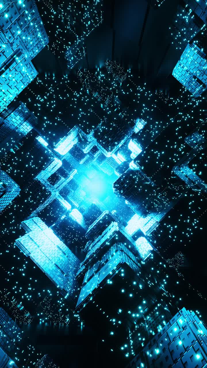 volando en un túnel azul de la ciudad. video en bucle vertical