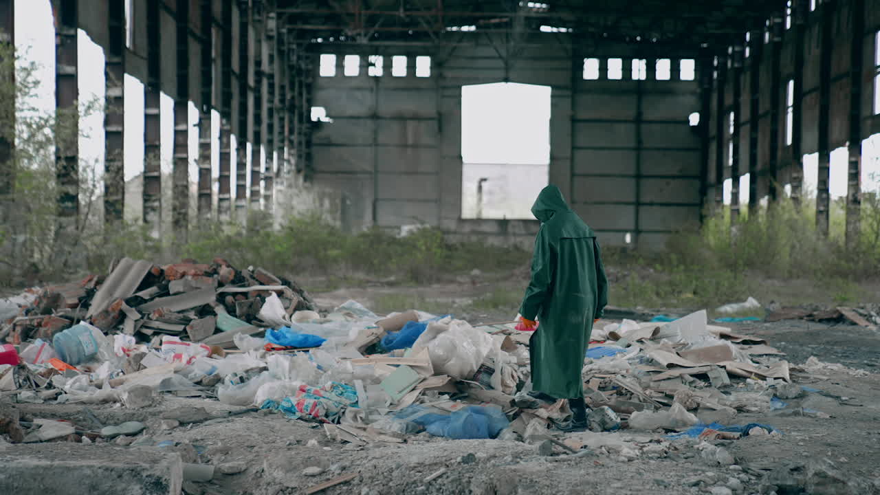 Man in protective suit and respirator in abandoned building. Ecologist in safety suit near the pile of garbage in the ruined place. Radiative zone.
