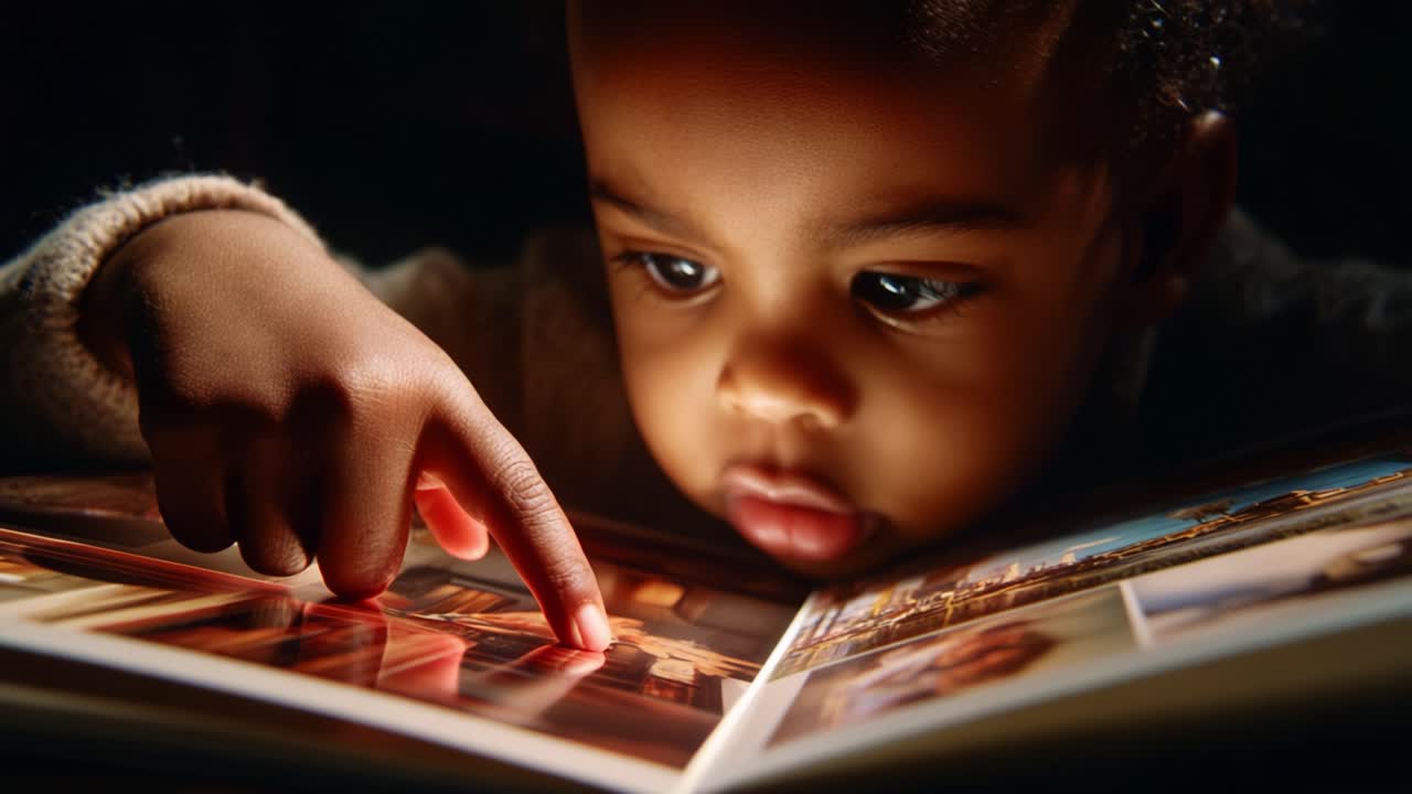 A Curious Child Engaged in Exploration: A Captivating Moment of Discovery as a Young One Examines Photographs with Intense Focus and Wonder in a Darkened Setting