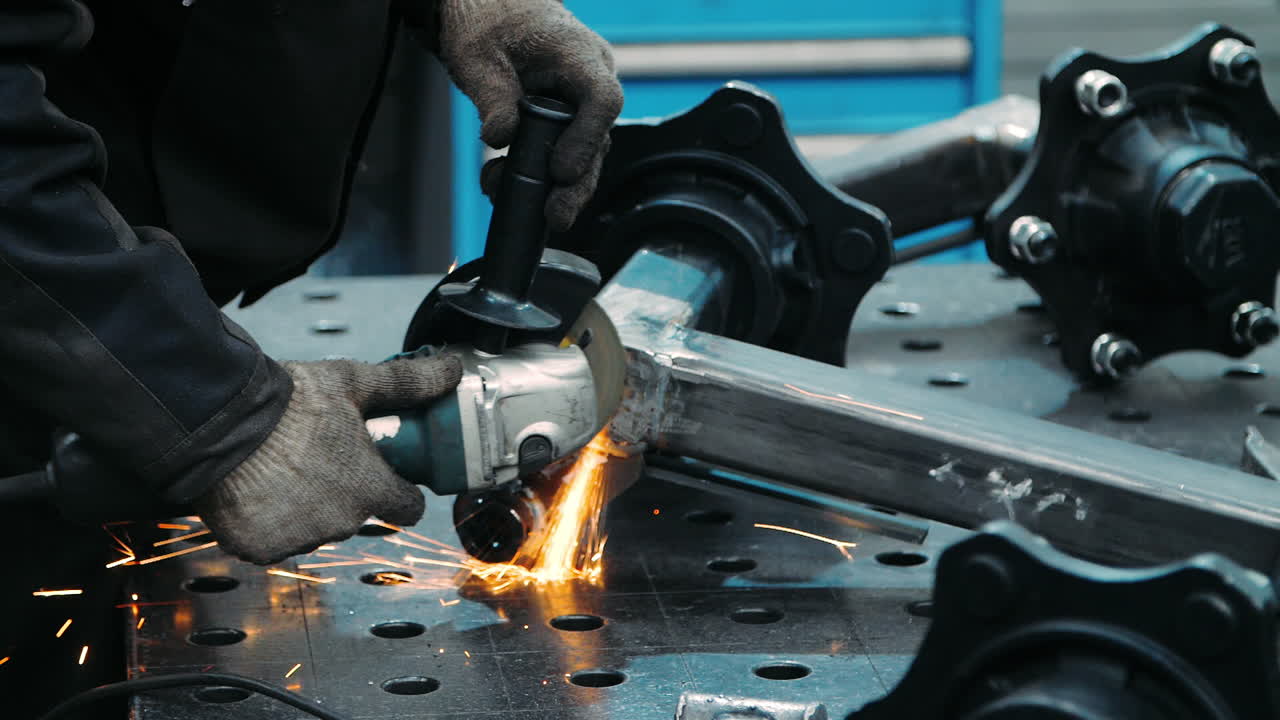Worker holding angle grinder during work. Application of industrial tool