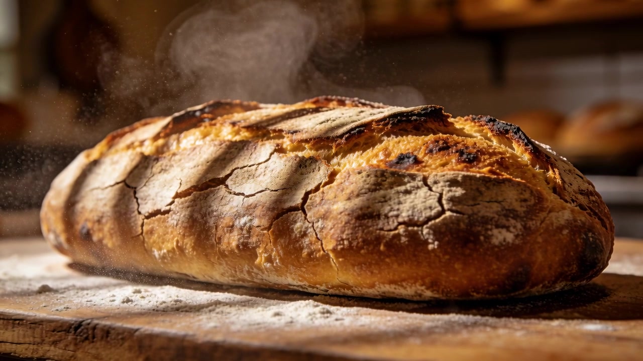 Steaming artisan loaf cooling after baking on wooden board in rustic bakery, flour dusting