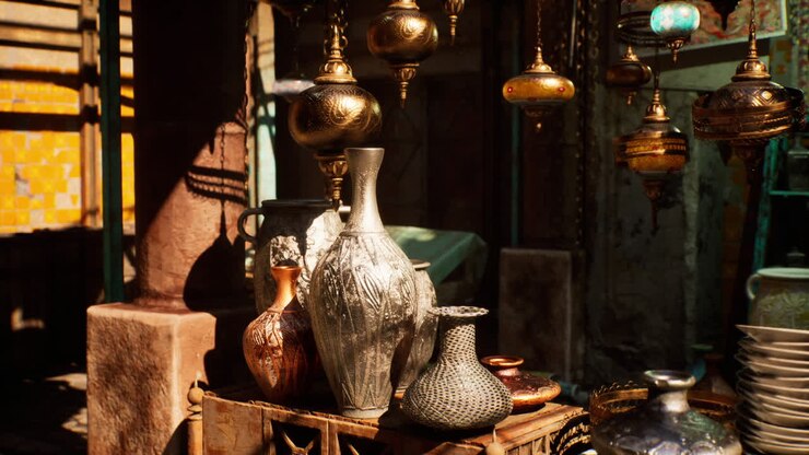 A stall in a Middle Eastern market selling pottery, lamps, and other decorative items
