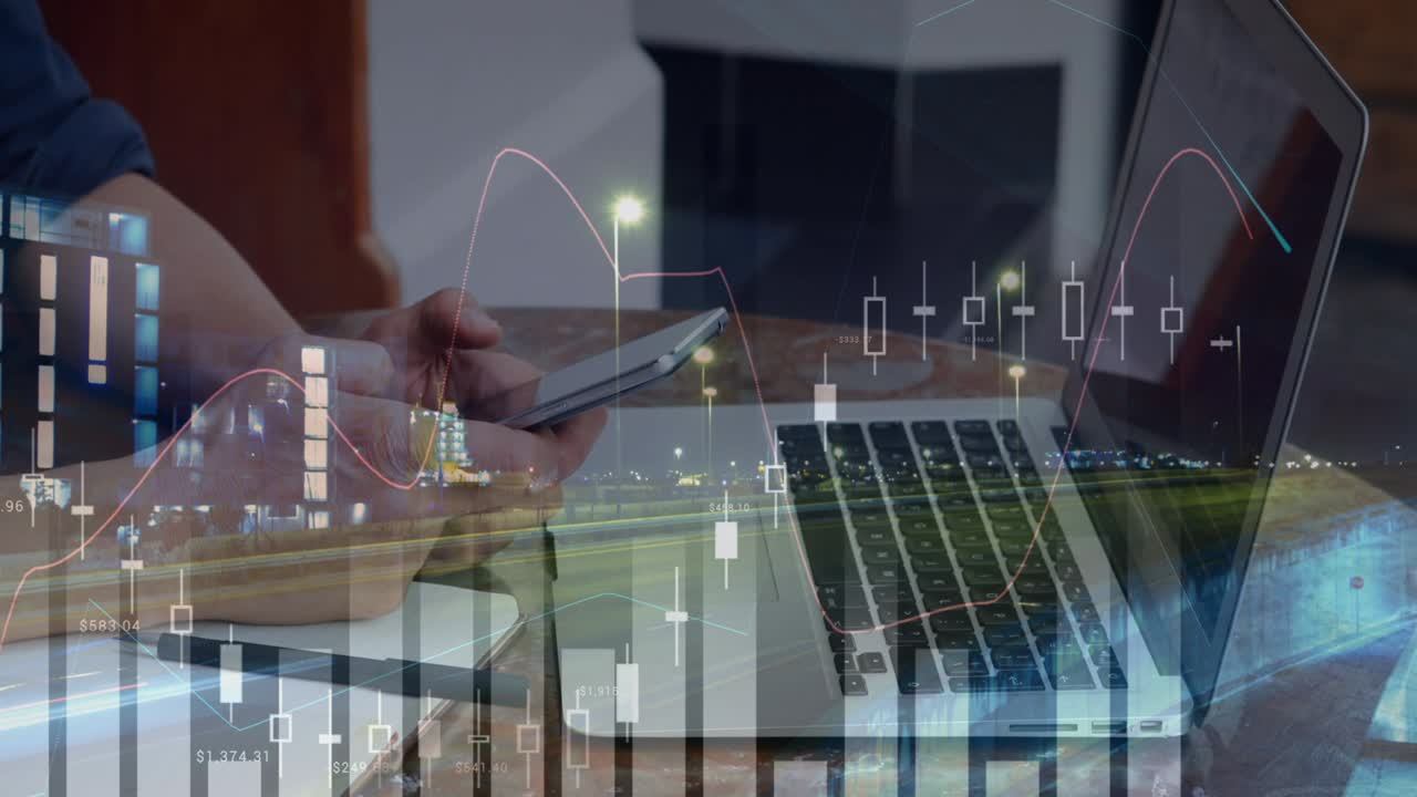 animación de estadísticas y procesamiento de datos sobre un empresario que usa un teléfono inteligente