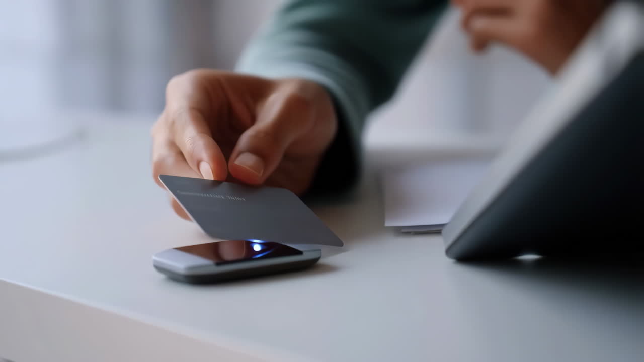 Person making a contactless payment with a credit card