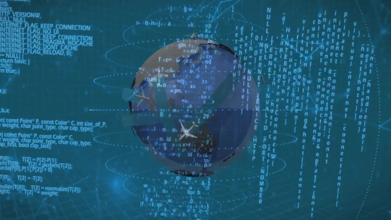 Data ping starting 3D globe rotating, code flowing, planes orbiting, rings showing global data