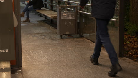 static shot of a woman sitting at a bus stop with rats running around near her