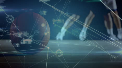 basketball with data processing and network connections animation over players in motion