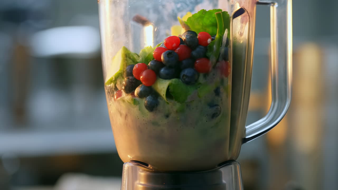 Primo piano di frutta fresca e verdure che si fondono in un frullato salutare