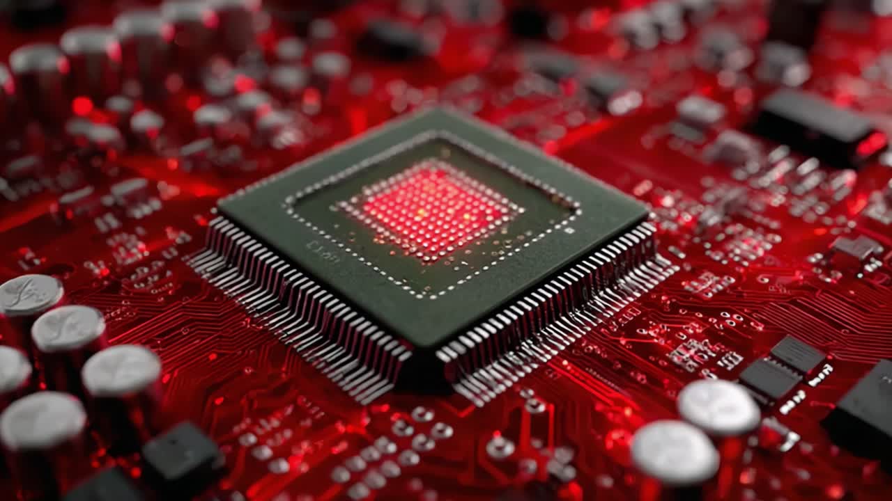 Nærbillede af en højteknologisk mikroprocessor på en printplade, der viser avanceret teknologi med en lys rød baggrund og detaljerede elektroniske komponenter.