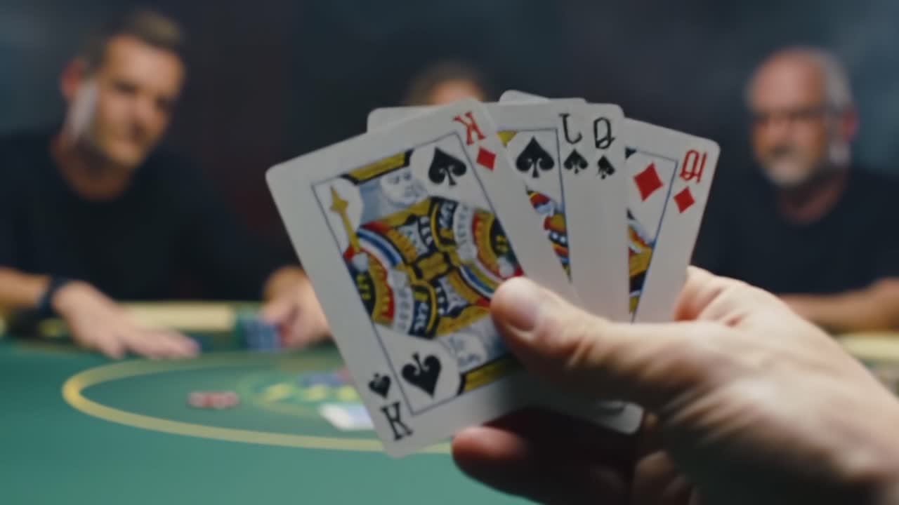 Engaging Poker Game: Players Compete Intensely with Chips and Cards Amidst a Smoky Atmosphere, Showcasing Excitement and Strategy in Each Hand Dealt