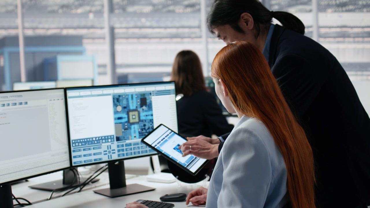 Ingegnera e collega uomo collaborano allo sviluppo software