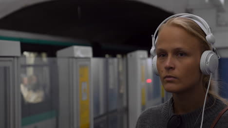 Urban-woman-listening-to-music-in-underground