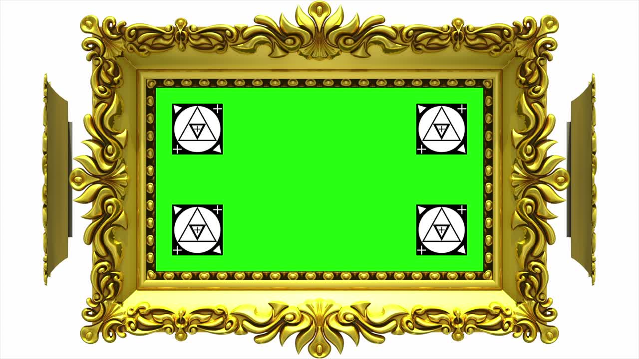 장식 된 금색 그림 프레임은 색 바탕에 원으로 회전합니다. 모스리스 루프, 모션 추적 마커와 녹색 화면과 함께 3d 애니메이션. 알파 매트 포함되어 있습니다.