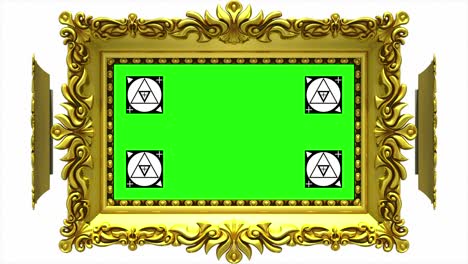 marcos de imágenes dorados ornamentados giran en un círculo sobre fondo blanco. bucle sin costuras, animación 3d con marcadores de seguimiento de movimiento y pantalla verde. matte alfa incluido.
