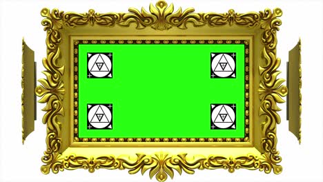 ornate gold picture frames rotate in a circle on white background. seamless loop, 3d animation with motion tracking markers and green screen. alpha matte included.