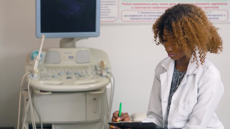 Medico afroamericano con un taccuino in un ospedale moderno. Il medico esamina l'anamnesi del paziente. Concetto di medicina, assistenza sanitaria e persone.