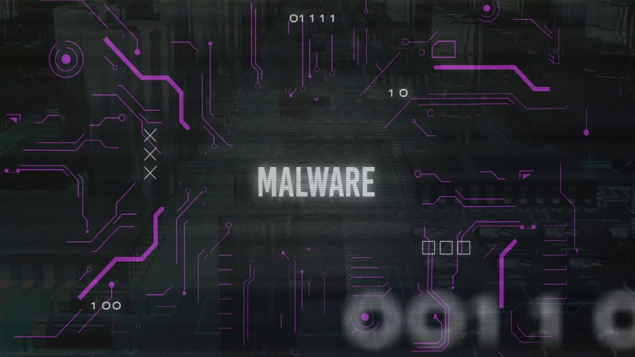 animación de texto de malware sobre datos digitales y fondo de codificación binaria
