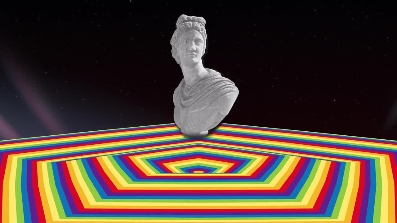 어두운 배경으로 움직이는 색의 육각형 표면 위에 동상의 애니메이션