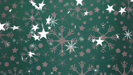 animación de estrellas de navidad cayendo sobre un fondo verde con copos de nieve