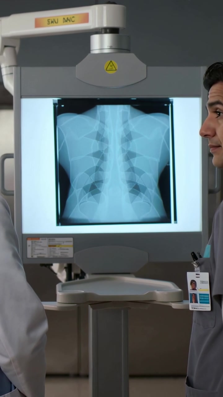 Vertical video: Panning shot showing staff in coat and scrubs reviewing xray on lightbox ID visible
