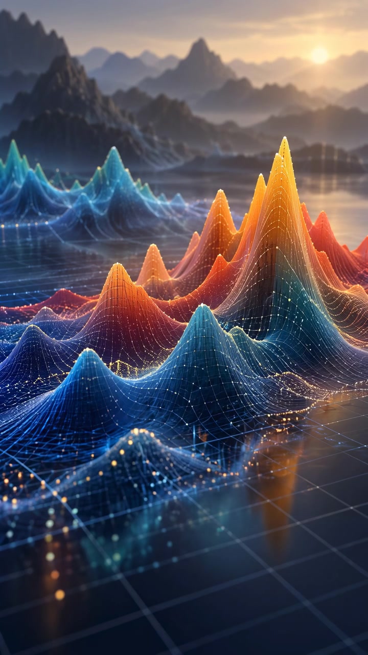 Layered mesh peaks in blue, teal, orange, and gold fill the vertical frame while tiny luminous points flicker across reflective grid surfaces beneath soft golden haze and distant rocky silhouettes.