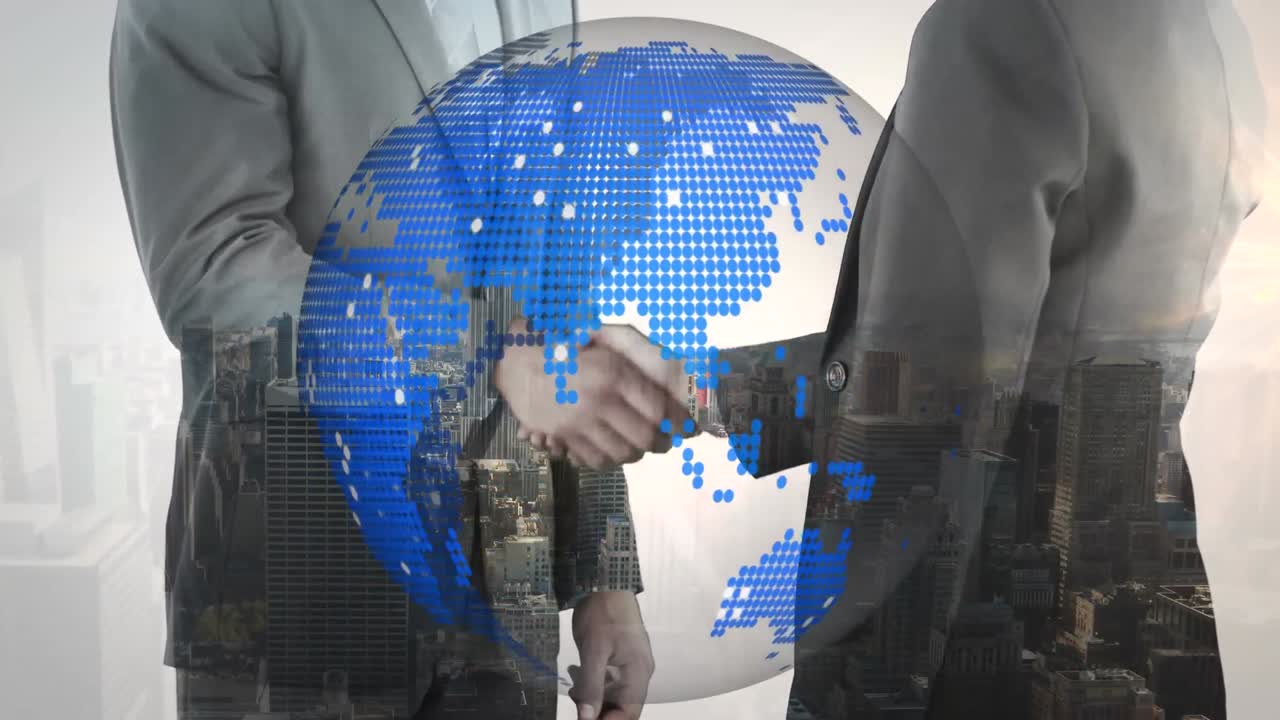 animación del globo sobre el apretón de manos del hombre de negocios