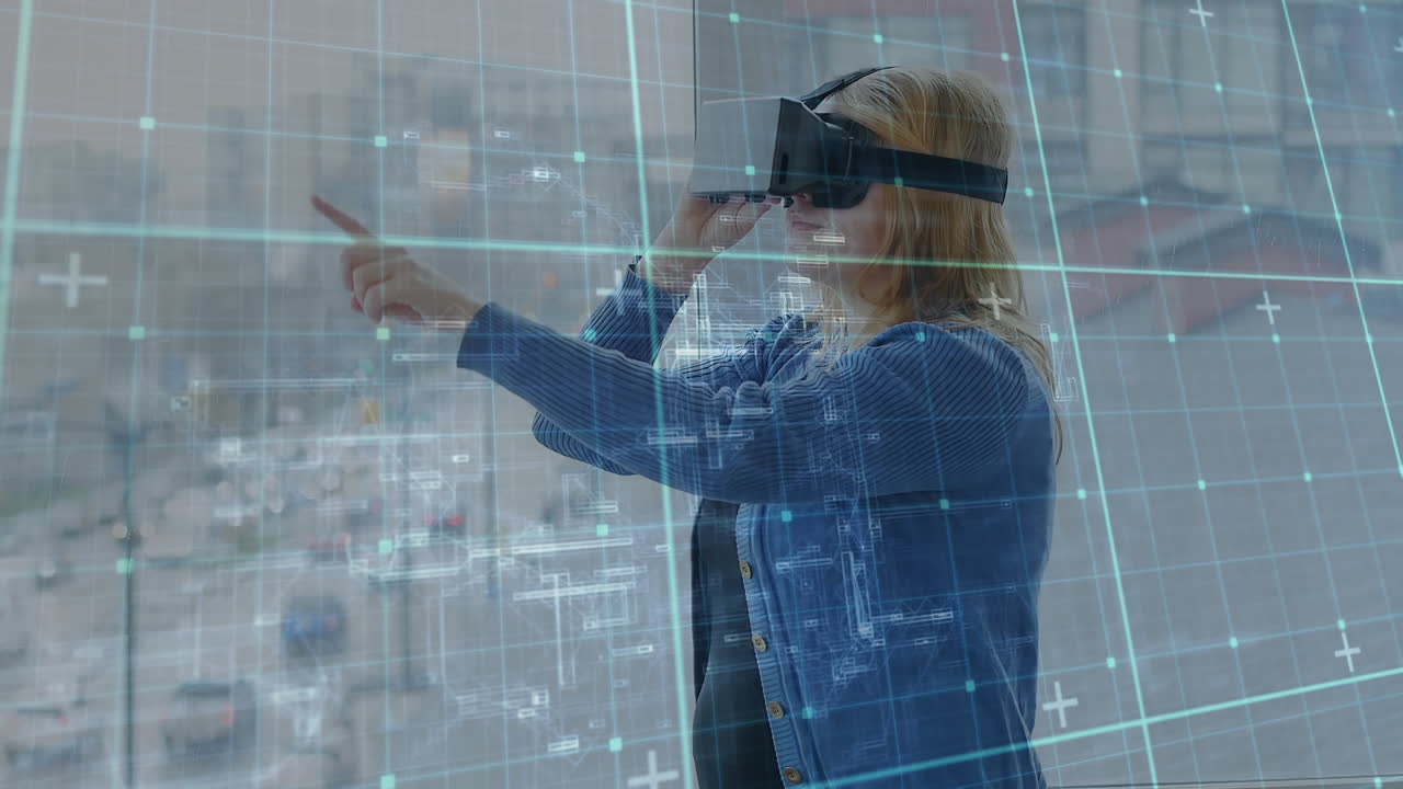 Woman typing in the air while wearing a virtual reality headset