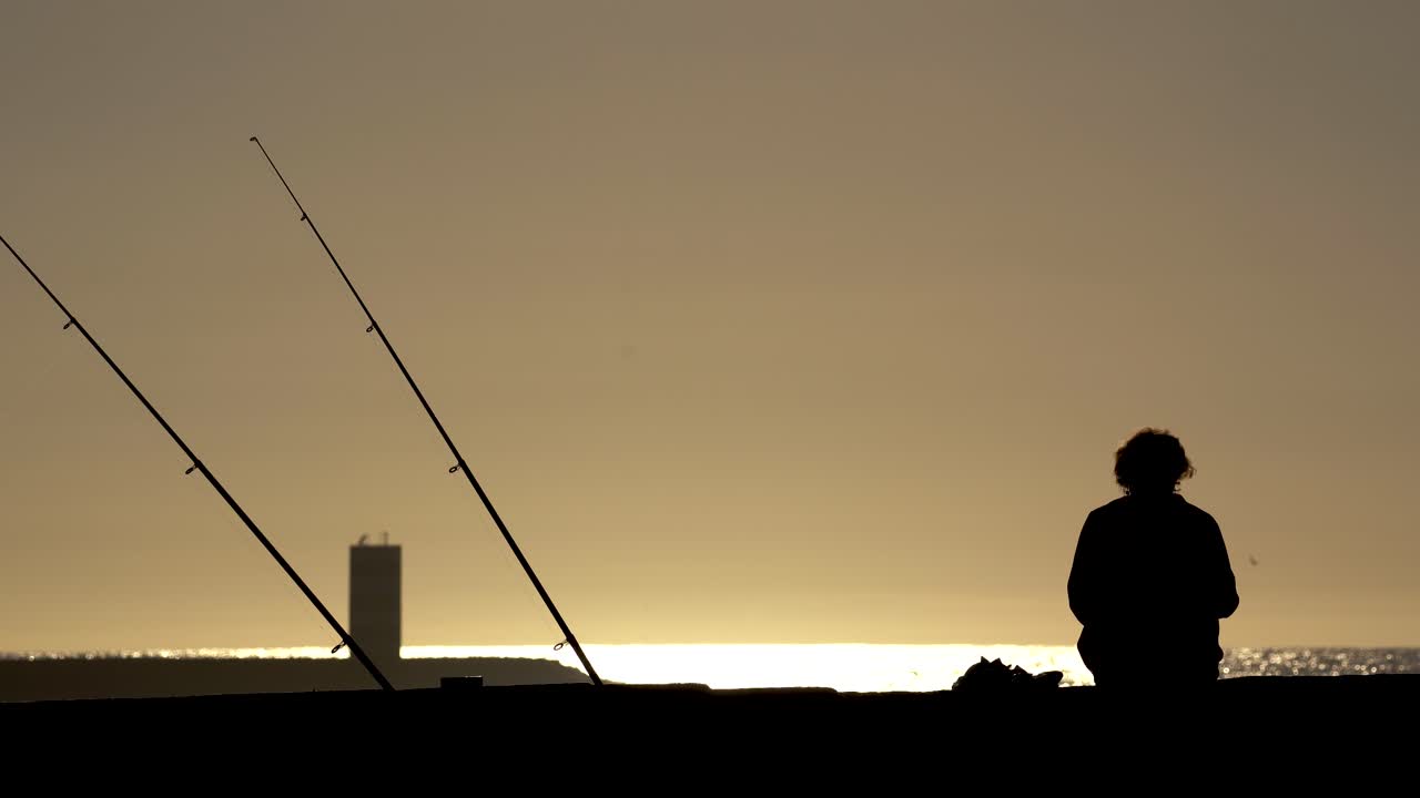 해안 바다 신선한 생선 서사시 일몰 배경에 실루엣 어부 낚시
