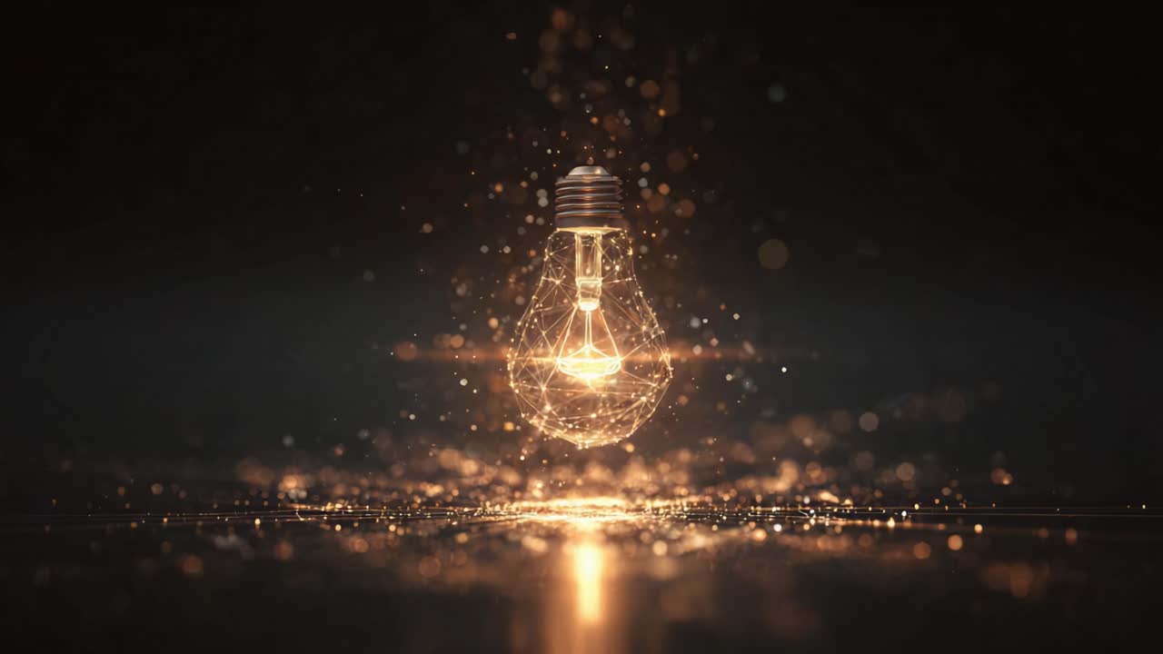 Creative digital animation of a glowing lightbulb forming from a network of connections, symbolizing ideas, innovation, technology, and success with golden light particles on a dark background