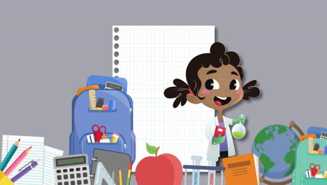 animation of african american school girl, school concept icons and black paper with copy space