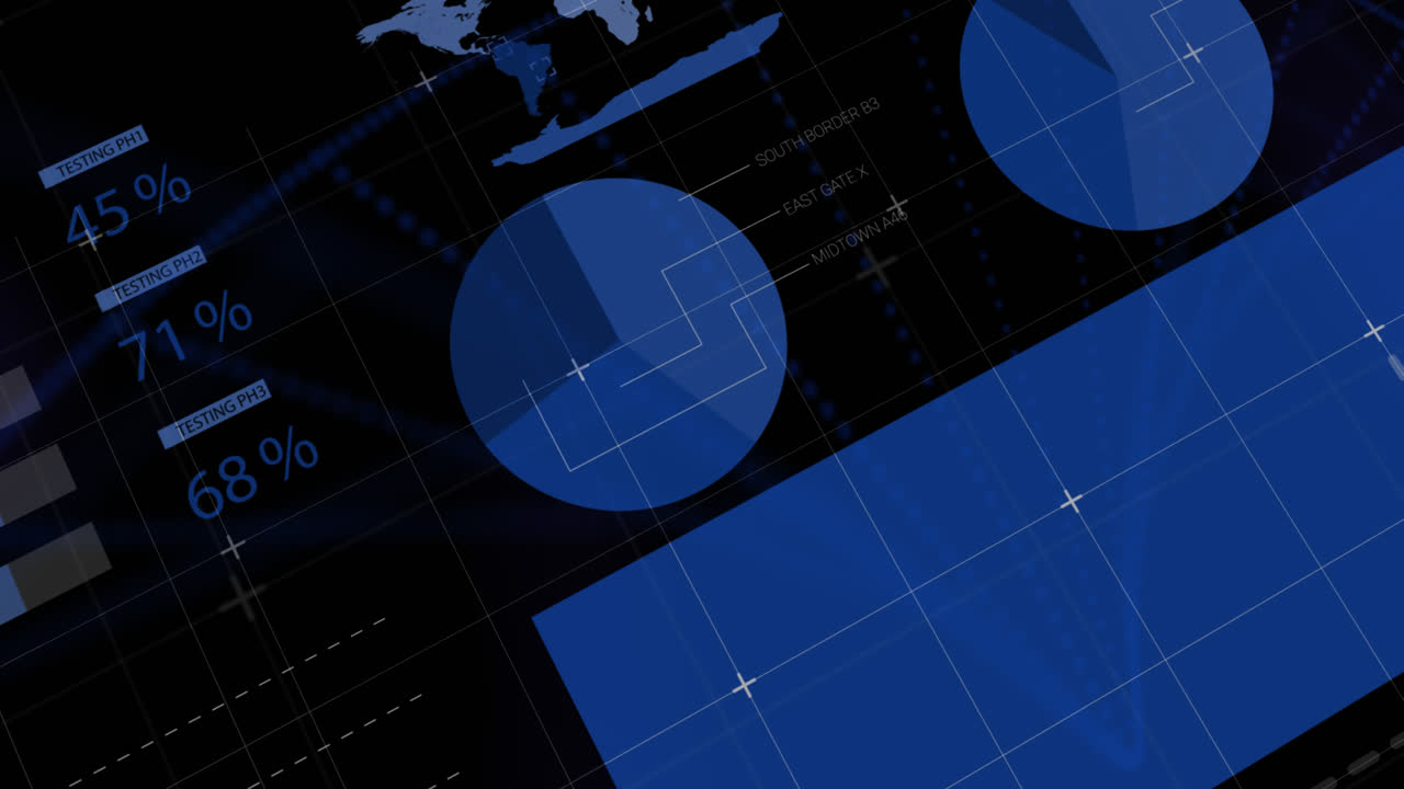 Digital animation of statistical data processing against dna structure spinning on black background