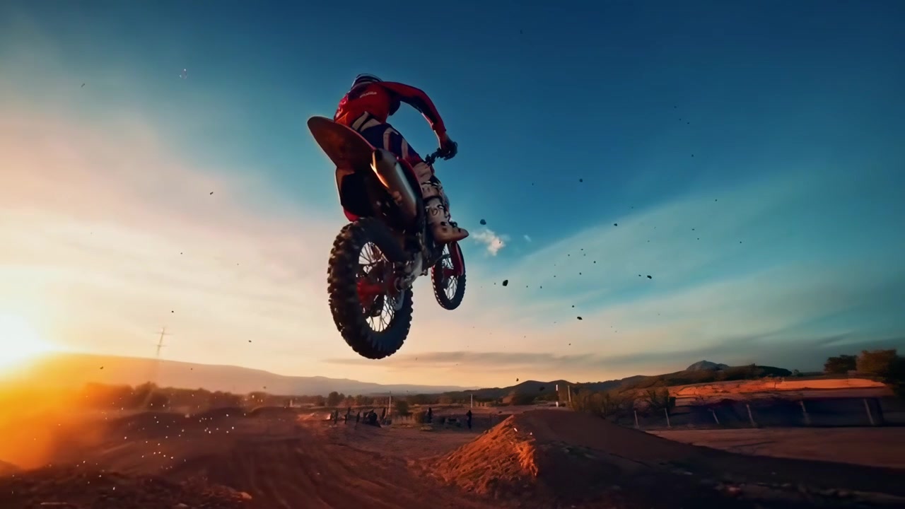 Piloto de Motocross Saltando de Moto de Trilha Contra o Céu Dourado do Pôr do Sol
