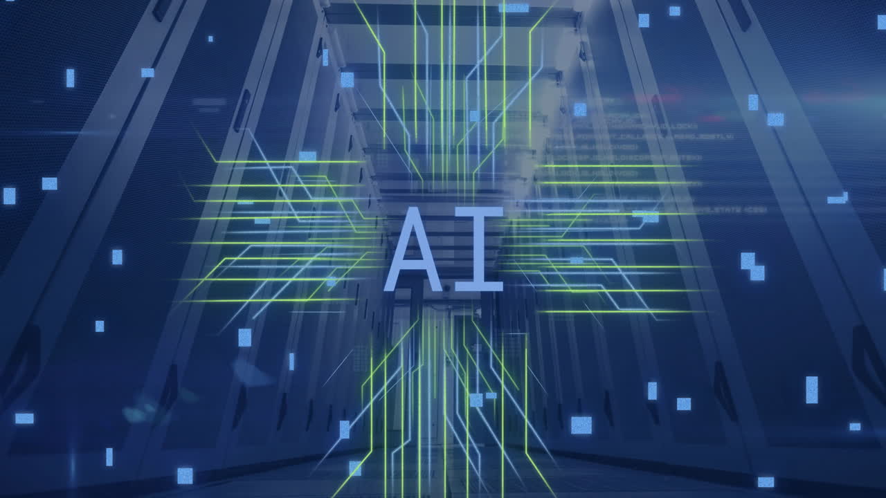 Animation of ai text with data processing over computer servers