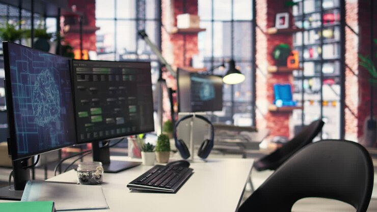 Empty AI developer desk including a monitor filled with neural network data