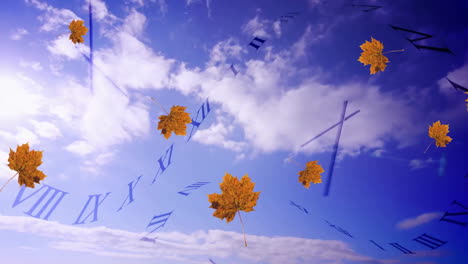 Animación-De-Hojas-De-Otoño-Cayendo-Sobre-Relojes-Y-Cielo-Con-Nubes